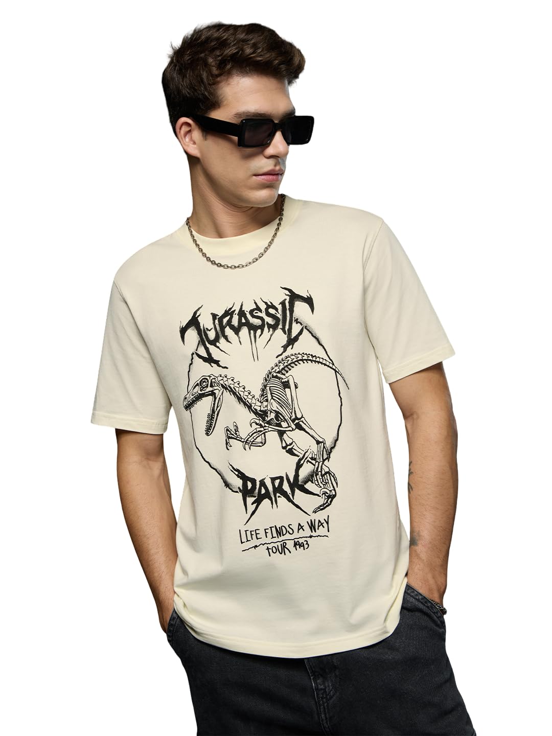 The Souled Store Jurassic Park Rockstar Raptor Herren Jungen Kurzarm T-Shirt Rundhals Bedruckte Baumwolle Atmungsaktiv Leicht Casual Loose Fit