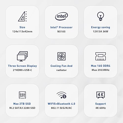 Miniatura 8 de Beelink Mini PC - Intel N5105 de 112 generación (hasta 2.9 GHz), 16 GB DDR4, 500 GB SSD, pantalla 4K de tres pantallas, WiFi 5, BT 4.0, LAN dual de