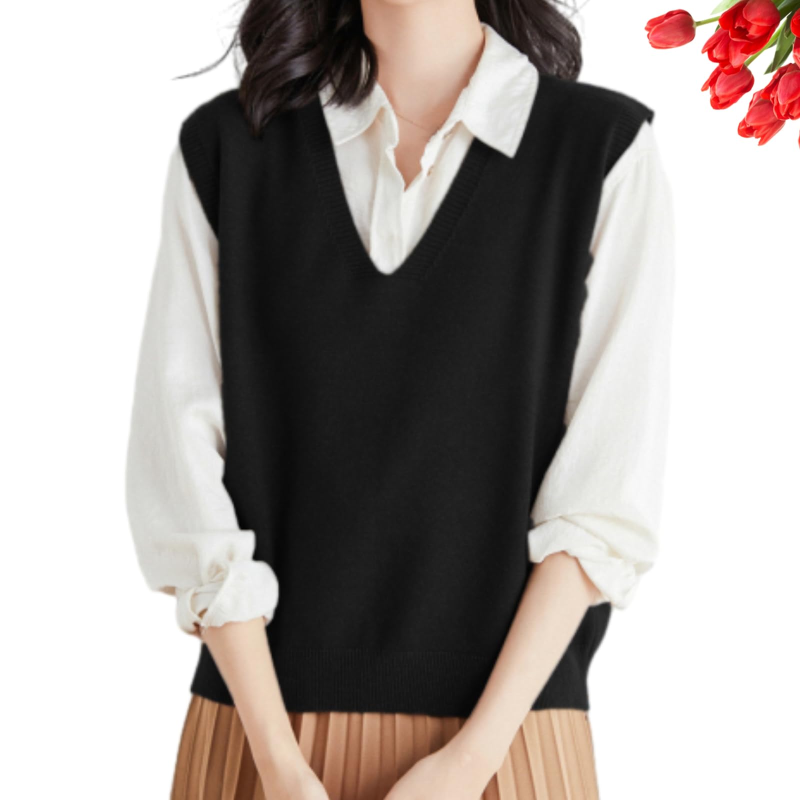 Pull sans manches pour femme, pull en laine mélangée pour femme, décontracté, couleur unie, col en V, débardeur tricoté doux