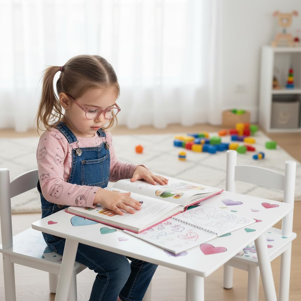 leomark tavolo e 2 sedie in legno, tavolino set da cameretta per bambini, gioco di gruppo in classe, mobili per bambini, stanza dei bambini mobili alta qualità stabile, tema: UNICORNO