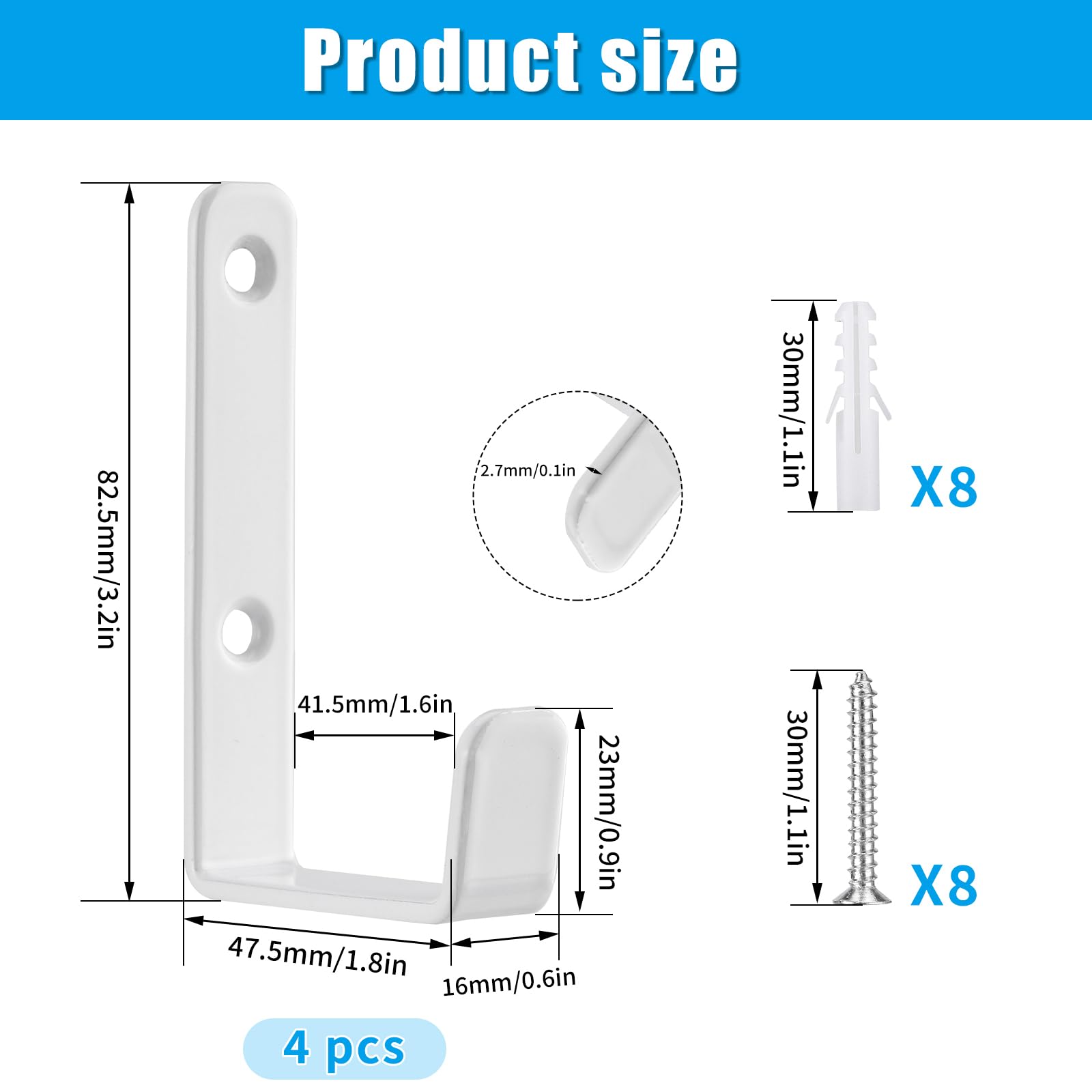 4pcs Ganchos Resistentes para Pared en Forma de J, Gancho pared de Garaje Blanco Resistentes, Percheros, Ganchos para Abrigos,Soporte de Hierro Pared para Artículos Voluminosos