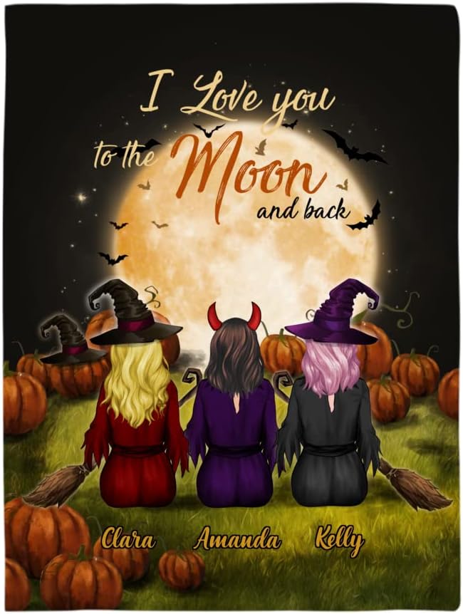 Gossby Personalized Halloween Fleece Blanket with Name - I Love You to The Moon and Back Customized Blanket for Friend/Sister (2 Women) for Friend/Sister - Halloween Blanket Gifts for Women