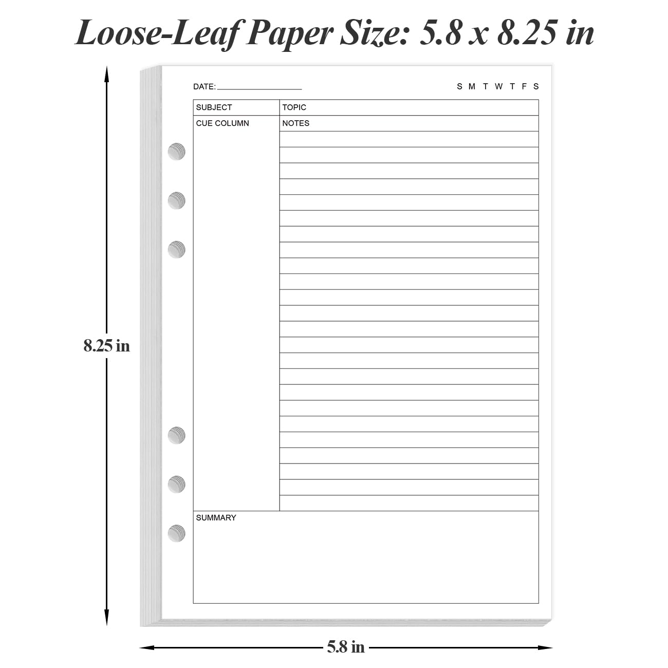 Cornell Notes - Papel de relleno para carpeta A5, 6 agujeros, hojas sueltas, 50 hojas/100 páginas, 100 g/m², blanco, 5.8 x 8.5 pulgadas