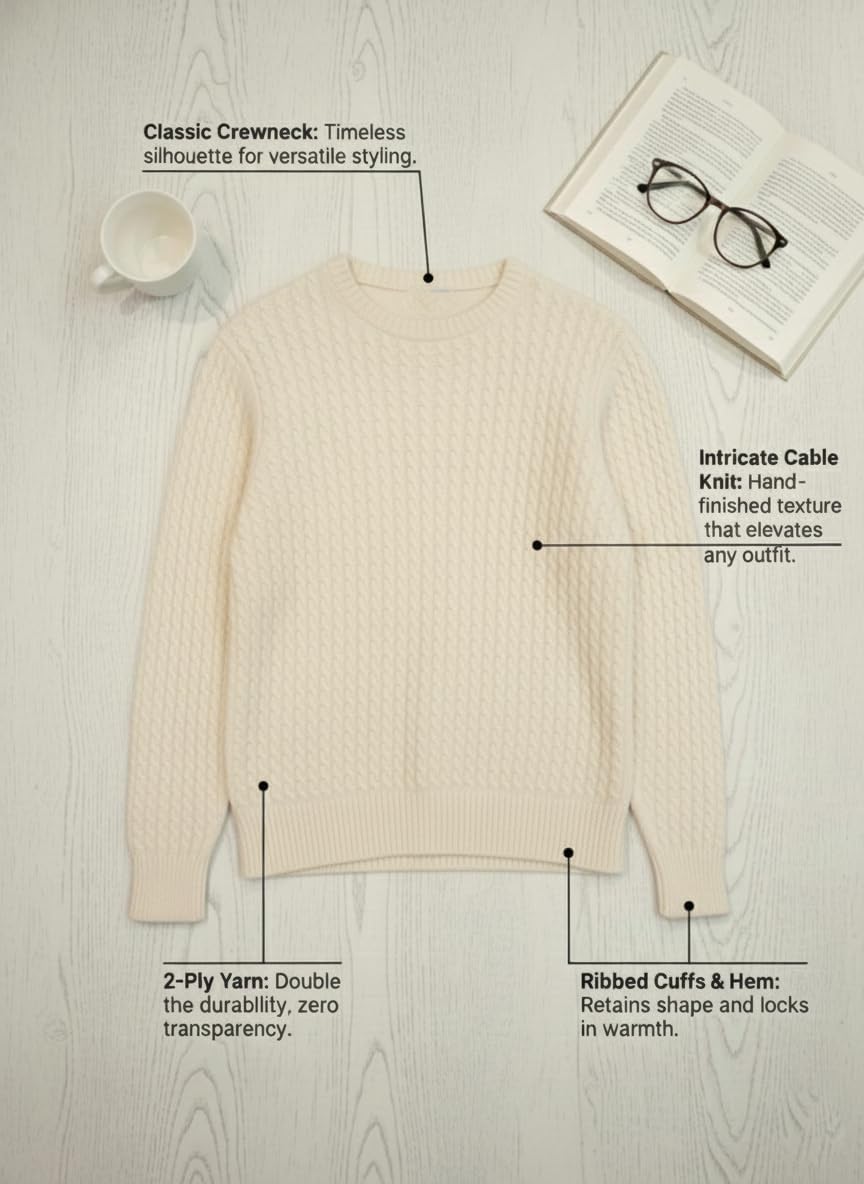 NPIA Certified 100% Pure Cashmere Sweater Women, Hand-Knitted Cable Knit Crewneck Pullover, Ultra-Soft 16-Micron - Image 7