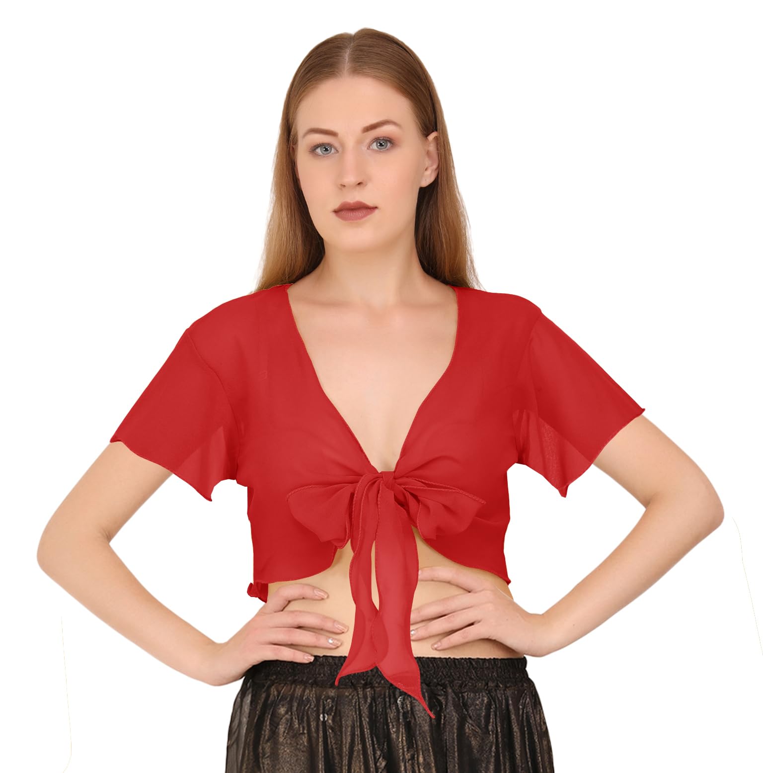 Indian Trendy Women's Chiffon Short Sleeve Tie Top Choli Blouse Belly Dance Gypsy Tie Front Cardigan Tops