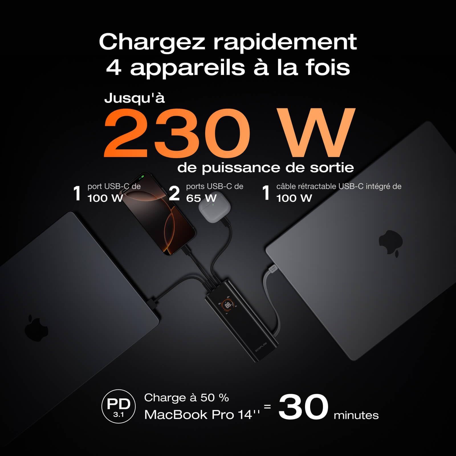 EcoFlow Powerbank Batterie Externe 20000mAh 230W avec 100W Câble Intégré Rétractable, 4 Ports Chargeur Portable USB C Laptop Power Bank PC pour Ordinateurs, iPhone 17/16/15 Pro Max, Samsung, MacBook