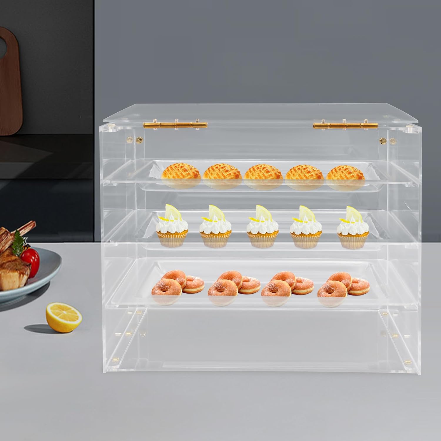 KOLHGNSE Acrylic Display Case, 3-Tier Bakery Pastry Display Cabinet with Removable Trays, 6.6 lbs Capacity per Tier Clear Cookie Cabinet for Cafe Shop Home