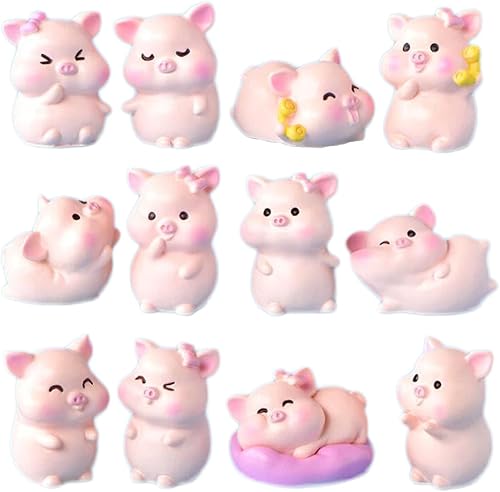 12 figuras de juguete de cerdito rosa, lindos modelos de cerditos de resina, figuras de cerdo en miniatura, adornos para tartas para manualidades,