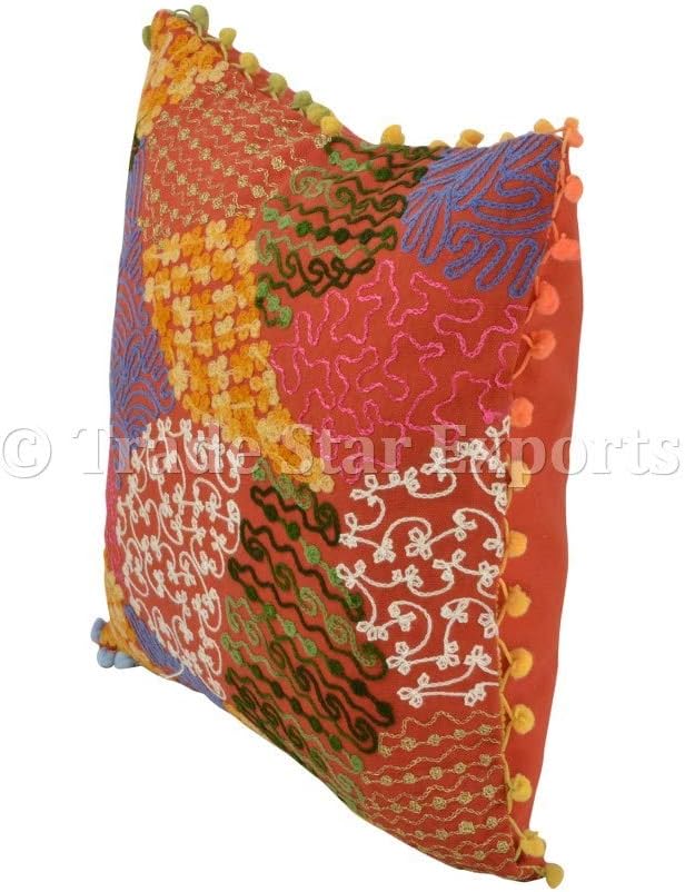 Trade Star Exports Embroidered Pillows Cover Pom Pom 100% Cotton Cushion Cover 16x16 Square Decorative Pillow Cases Throw Pillow Shams Cushion Case