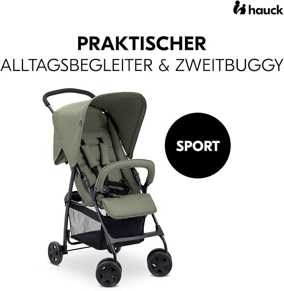 hauck Buggy Sport, Olive - Federleichter Reisebuggy 5,9 kg - mit Liegefunktion für Kinder ab Geburt bis 15 kg - Klein Zusammenklappbar, Großer Einkaufskorb bis 3 kg - 2