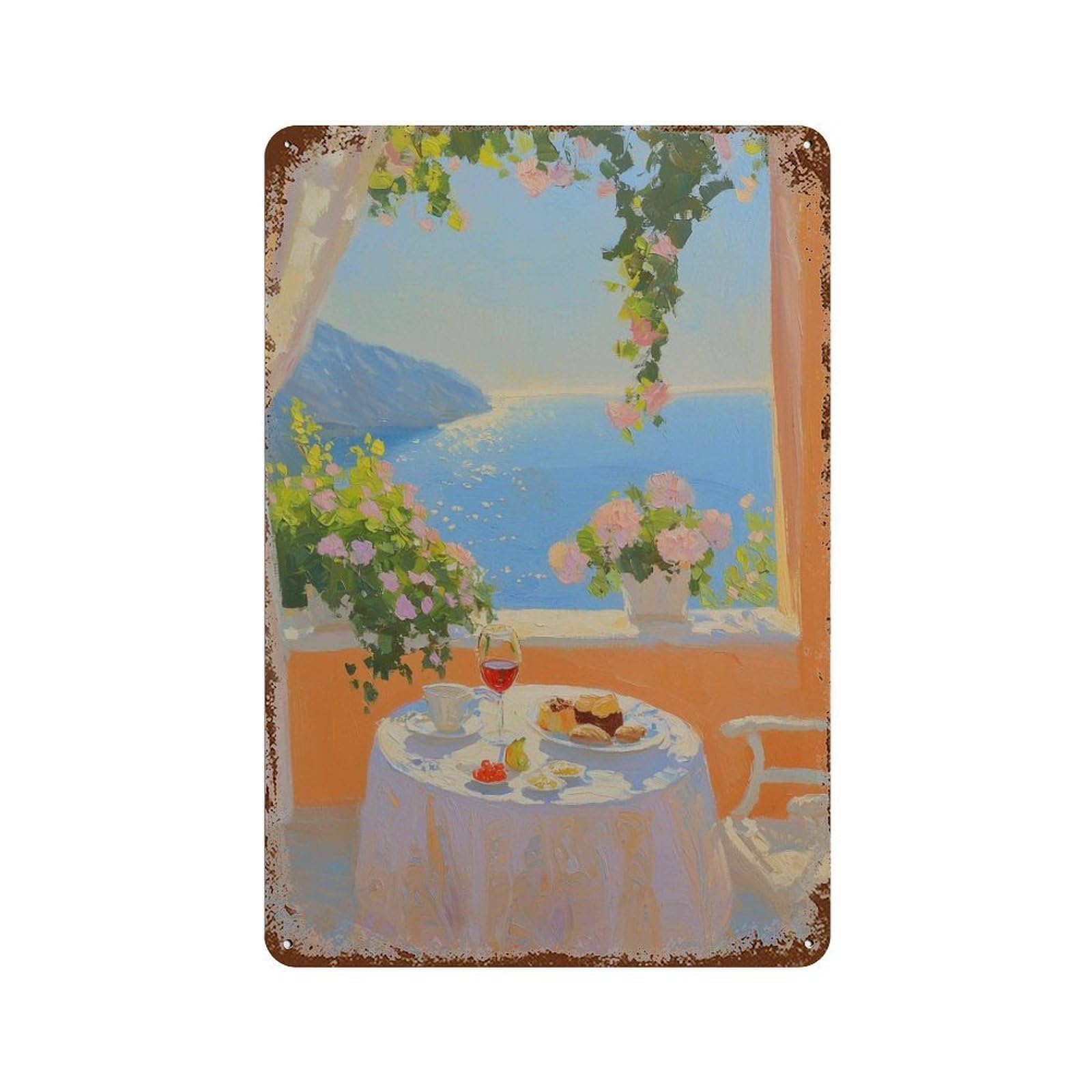 xiaoxiaoshen Mediterranean Balcony Impressionist Coastal Seaside Breakfast Summer Ocean View Wall Decor Art Metal Tin Poster Modern Home Decor Art Home Bar Shop Decorations Vintage Sign 30x20cm