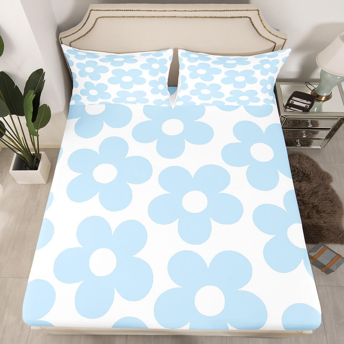 Erosebridal 60S 70S Groovy Floral Fitted Sheet Retro Blue Floral Bed Sheets Full Romantic Simple Aesthetic Bedding Set for Women Men Adults Cartoon Daisy Flowers Bed Cover 3 Pcs