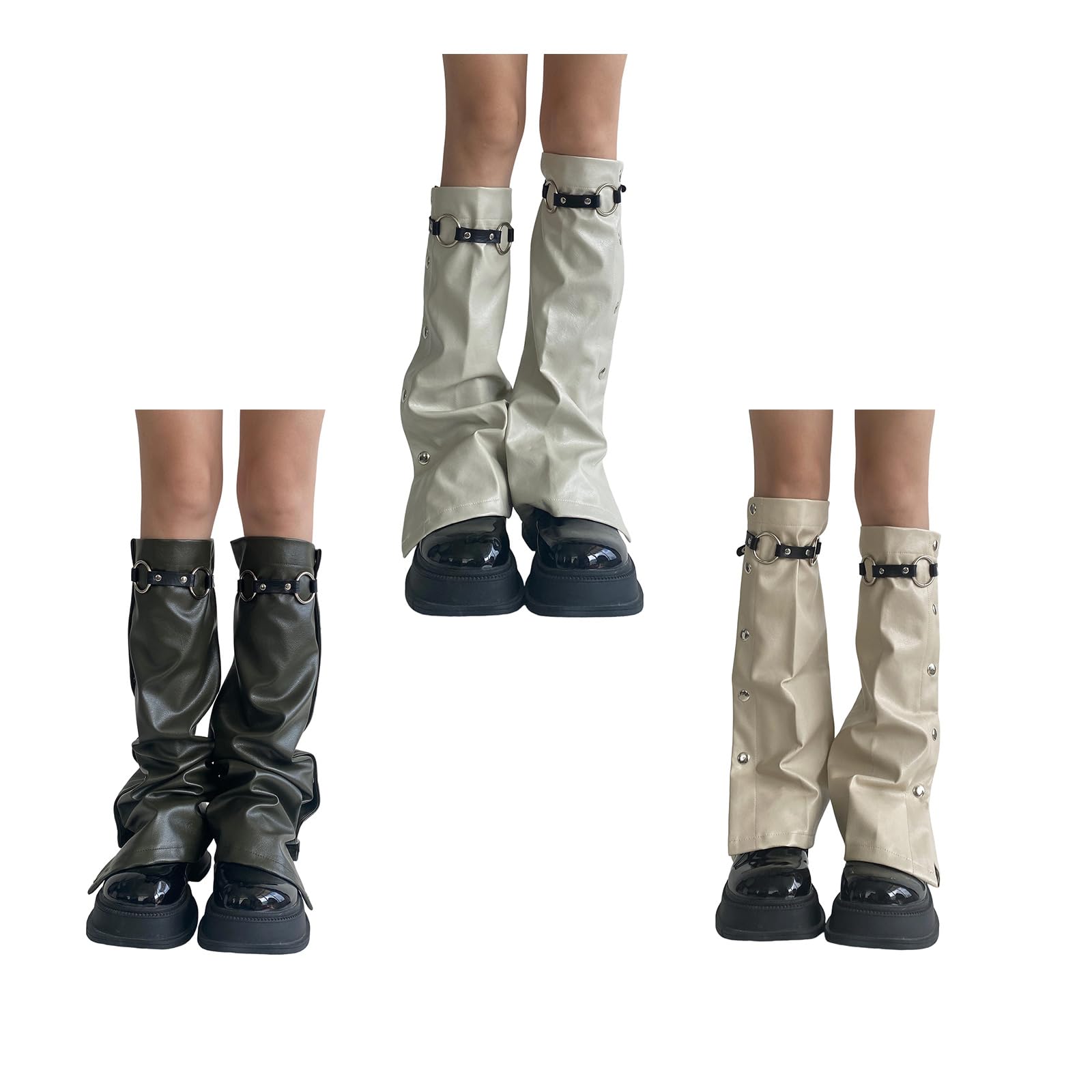 Subcultures Calentadores de pierna de cuero para mujer con hebilla y botones laterales con amplias cubiertas para botas acampanadas calcetines de pantorrilla callejero calentadores de piel