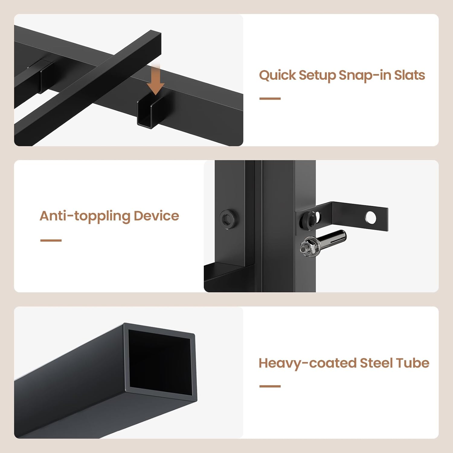 Quick setup snap-in slats, anti-toppling device, and heavy-coated steel tube