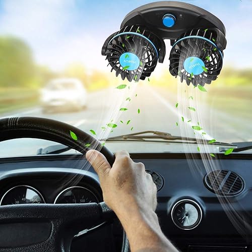 Miniatura 6 de HueLiv Ventilador de coche, ventilador eléctrico de 12 V con 360 grados ajustable, ventilador de encendedor de cigarrillos de doble cabeza,