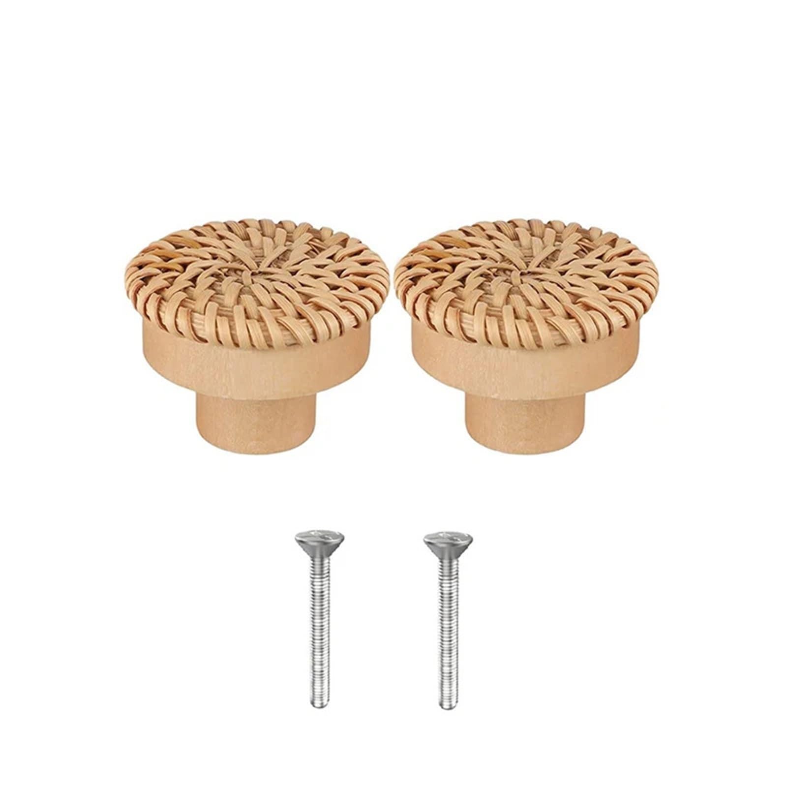 Ubohuz Yellow-2Pack 2Pcs Rattan Dresser Knobs Round Wooden Drawer Handmade Wicker Woven And Screws For Furniture For Cupboard, Wardrobe(Yellow-2Pack)
