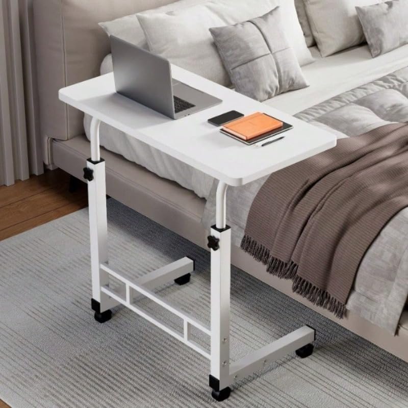 Adjustable Height Mobile Computer Desk with Wheels - Portable Laptop Rolling Cart for Bedside Sofa Dorm Room Locking