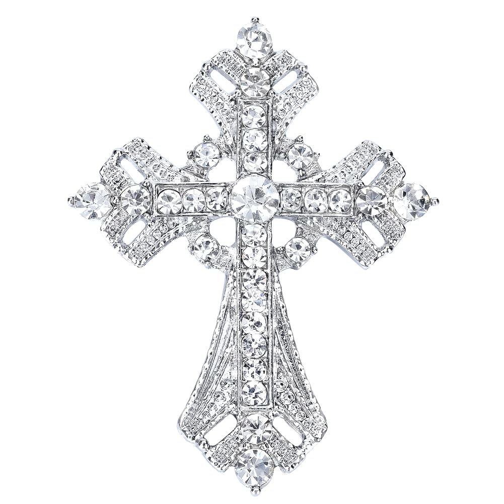 Axmerdal Cross brooches and pins for women Sparkling Aquamarine Clear Crystal Rhinestones Holy Cross Christian Religious Jewelry