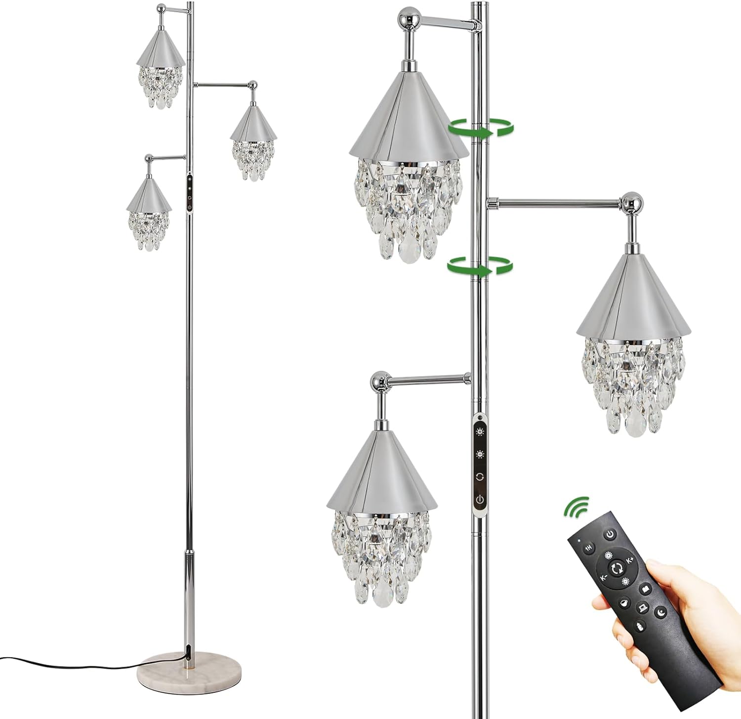 beaysyty Modern Style Crystal Floor Lamp Chrome Finish with Remote Control, Chrome Finish, 3-Light Tree Style with Adjustable Arms and Cone Shades for Reading Corner Lamp for Den,Living Room Bedroom