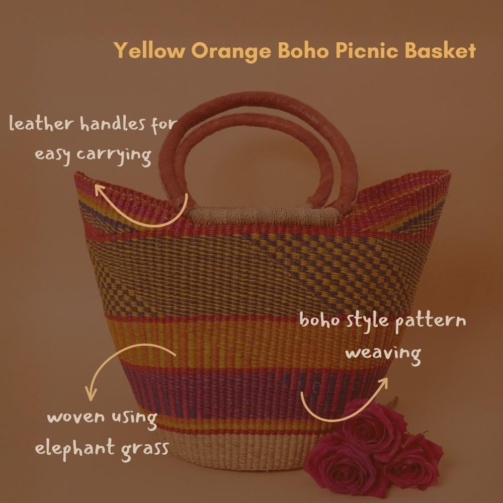 Yellow Orange Boho Market Basket, Reusable Grocery Tote, Picnic, Beach, Harvesting, Foraging, Kitchen Countertop Fruits Holder, Farmers Market, Decorative, Wicker, Woven - Image 3