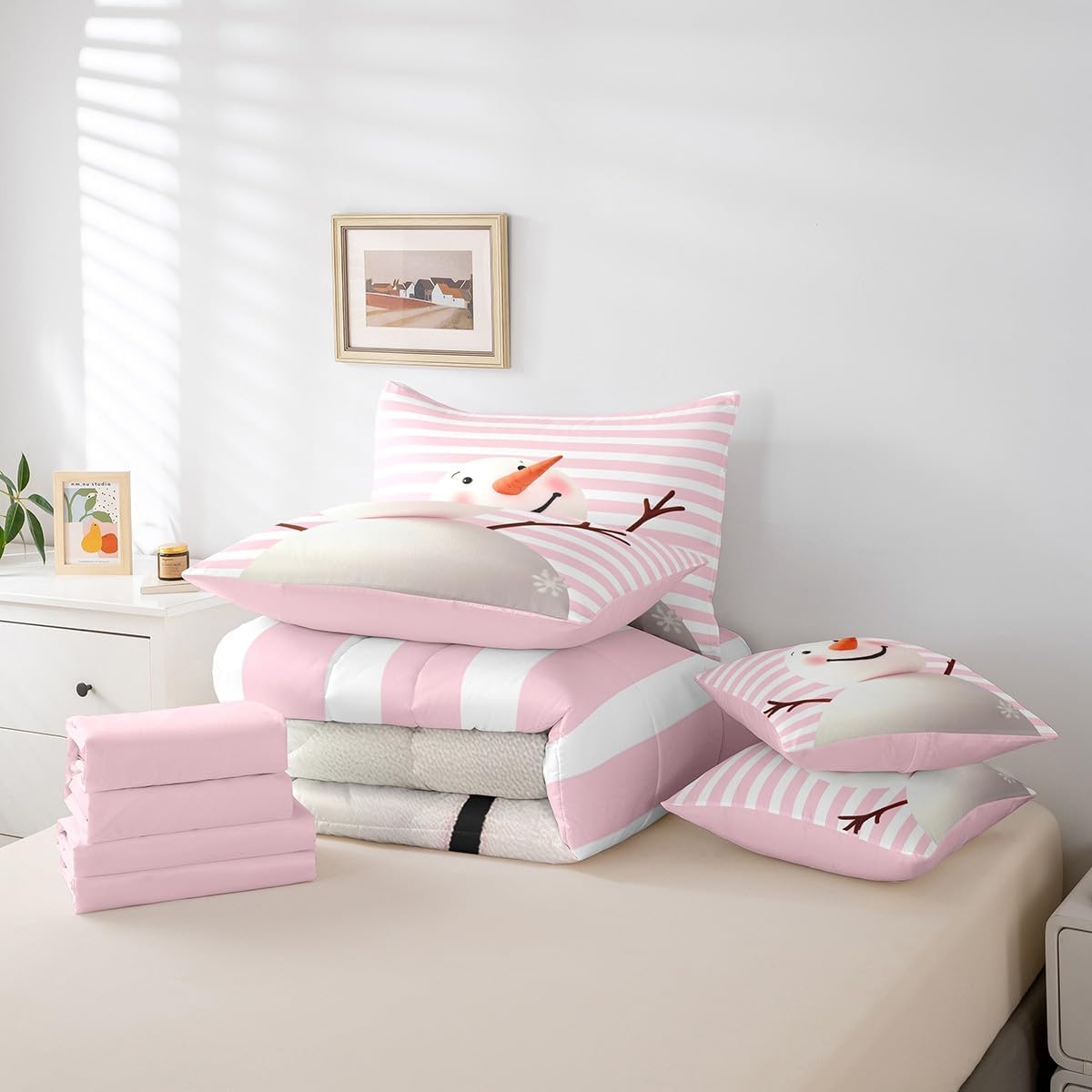 Feelyou Cute Snowman Comforter Set Full Size 7 Pieces Pink White Stripes Geometric Christmas Winter Bedding Set Xmas Happy New Year Bed in a Bag with Comforter, Sheets, Pillowcases & Cushion Cover