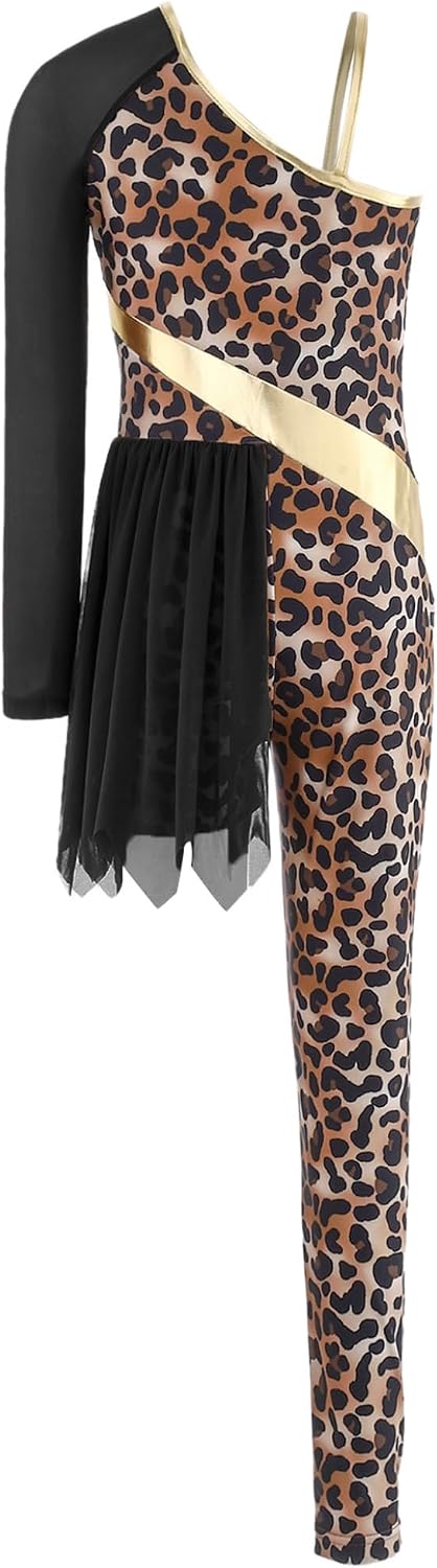 Yartina Kids Girls Leopard Print Gymnastics Leotard One Shoulder One Legging Latin Jumpsuit Tutu Skirt