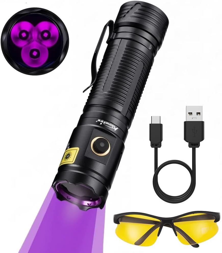 ALONEFIRE SV133 365nm UV Flashlight USB C Rechargeable Woods Lamp Black Light for Pet Urine Detection, Resin Curing, Scorpion, Fishing, Minerals, Rocks, Bed Bug with Battery, UV Protective Glass