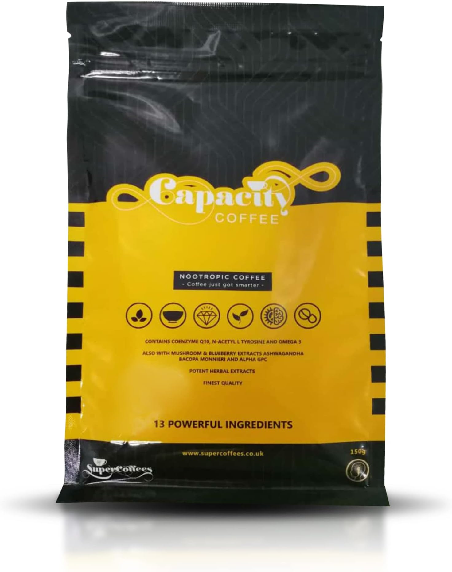 Capacity Nootropic Infused Coffee with Ashwagandha and CoQ10 โ 100% Brazilian Arabica Coffee Promotes Cognitive Function and Mood Enhancement for Greater Focus and Performance (150g) 30 Servings