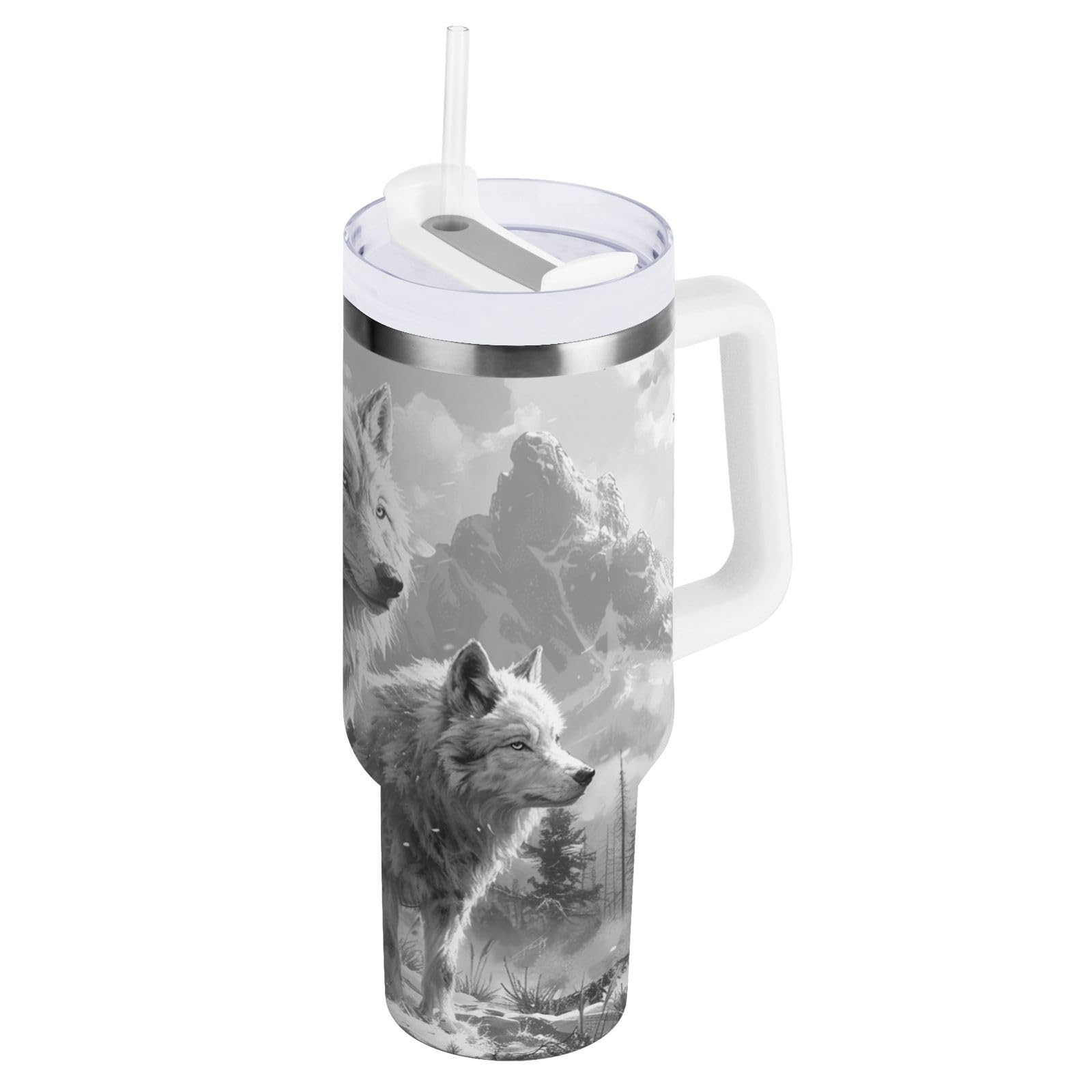 Nander 40oz Wolf Pack Family Tumbler with Handle and Straw Lid,Insulated Coffee Cup Reusable Stainless Steel Water Bottle Travel Mug Cupholder,Keeps