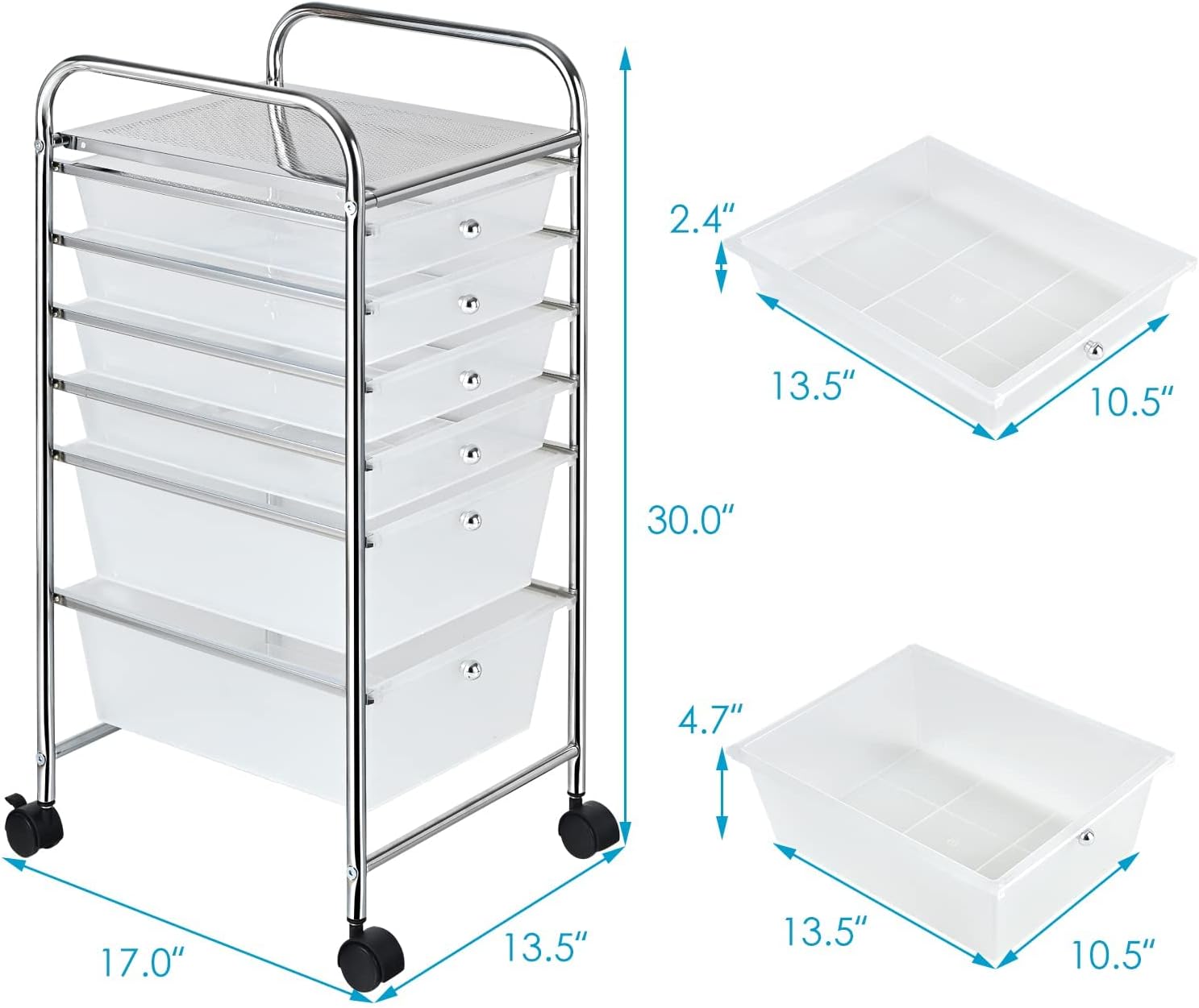 LDAILY 6 Drawers Rolling Storage Cart, Mobile Utility Drawer Cart, Storage Trolley with Lockable Wheels, 6 Tiers Multifunctional Storage Organizer, Ideal for Office, School, Home (Clear)