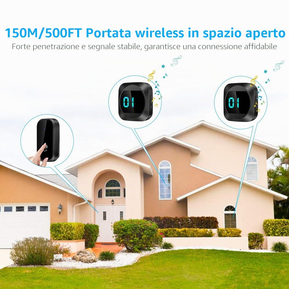 [Non Richiede Batteria] Campanello Senza Fili da Esterno, LED di Temperatura, Campanello Wireless Impermeabile con 2 Ricevitori e 1 Trasmettitore, Portata 150m, 38 Melodie e 4 Livelli di Volume