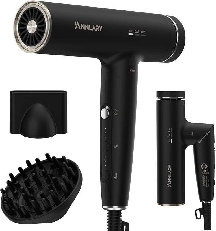 Hair Dryer, Blow Dryer with Diffuser for Curly Hair | Plasma Ionic Hairdryer for Frizz Control | Low Noise | Foldable for Travel | 6.5Ft ALCI Cord | Magnetic Nozzle for Faster Drying