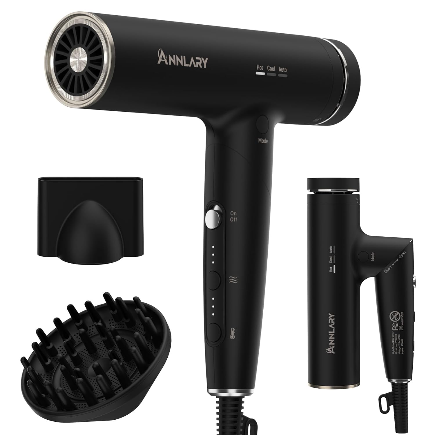 Hair Dryer Blow Dryer with Diffuser for Curly Hair Plasma Ionic Hairdryer for Frizz Control Low Noise Foldable