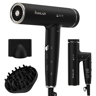 Plasma Ion Hair Dryer with Diffuser for Curly Hair, 110000 RPM Professional High Speed Blow Dryer with Plasma Ion, 1500W Foldable Travel Hairdryer with 6.5 Ft Cord Fast Drying for Women Men - Amazon product rated Grade A