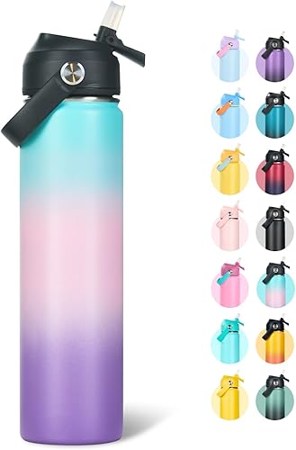 Miniatura 24 de Botella de agua de acero inoxidable aislada de 18 oz, de boca ancha, de doble pared con vacío, pajita de silicona, a prueba de sudor y fugas, termo