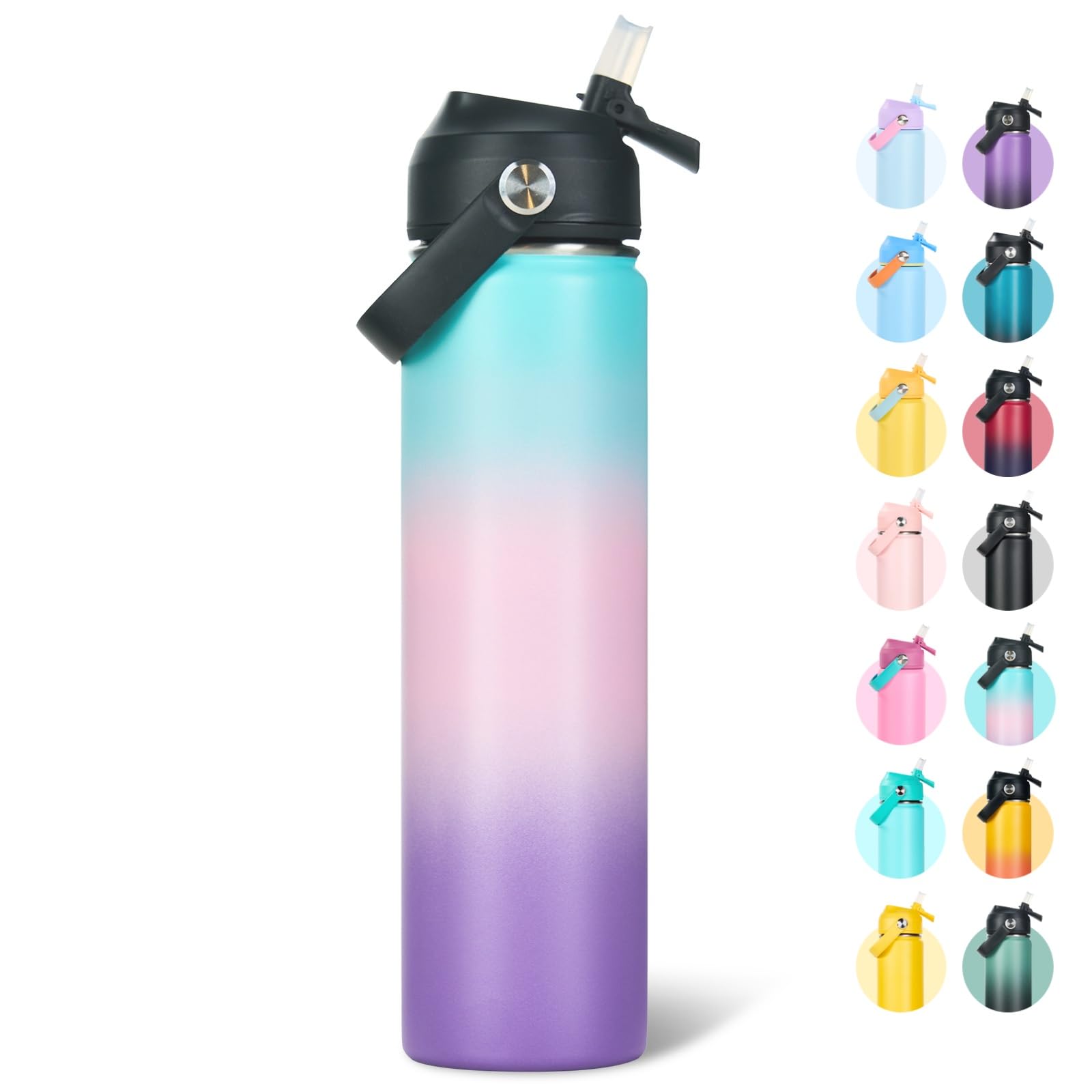 Fijinhom 24oz Insulated Stainless Steel Water Bottle, Wide Mouth Double Wall Vacuum, Silicone Straw, Sweat & Leak Proof, BPA Free Insulated Water