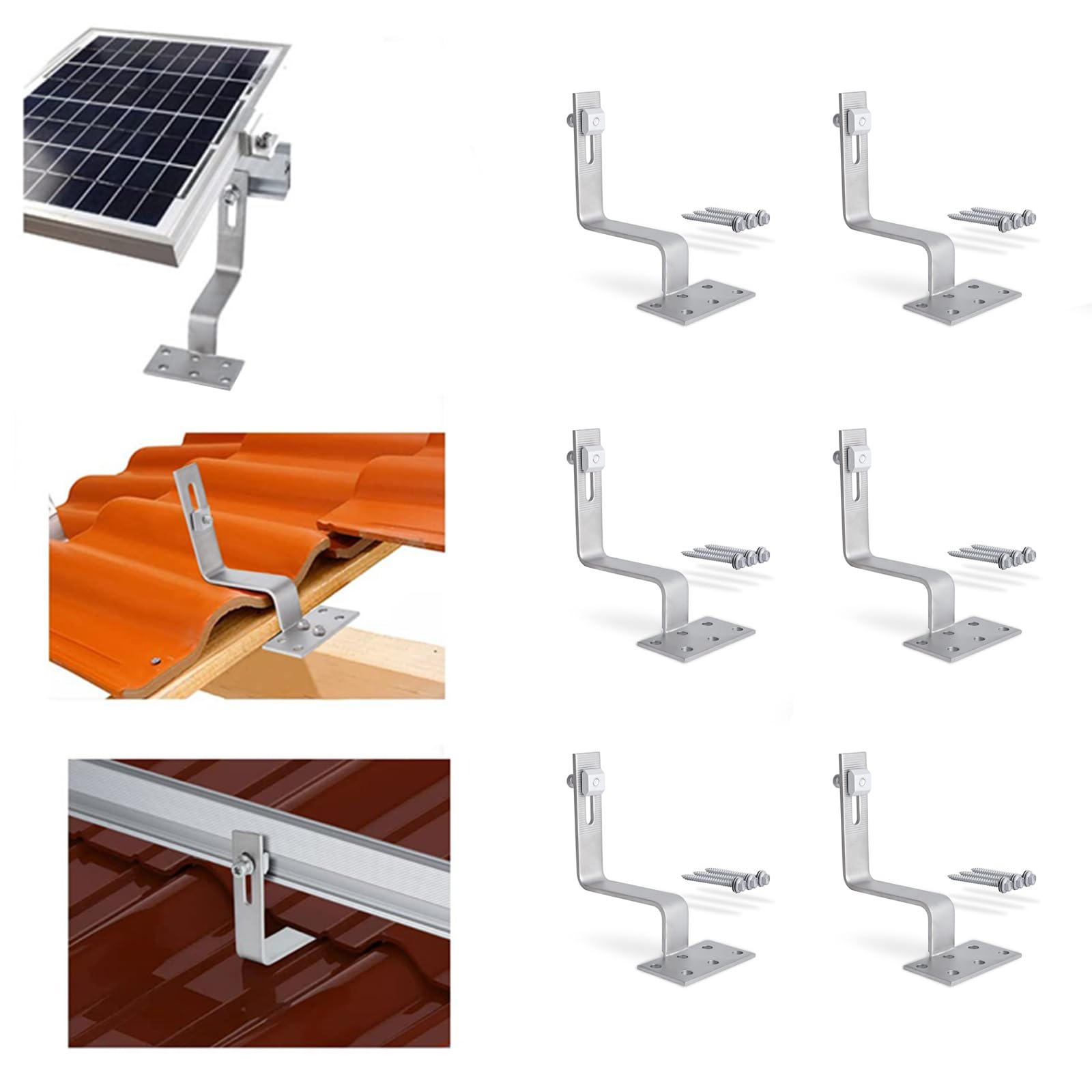 Kit De Montage Panneaux Solaires Pour Toit En Tuiles - 6 Rails 30 Cm + 6 Crochets + Pinces, Support Pour 2 Panneaux (30-50 Mm D'épaisseur)