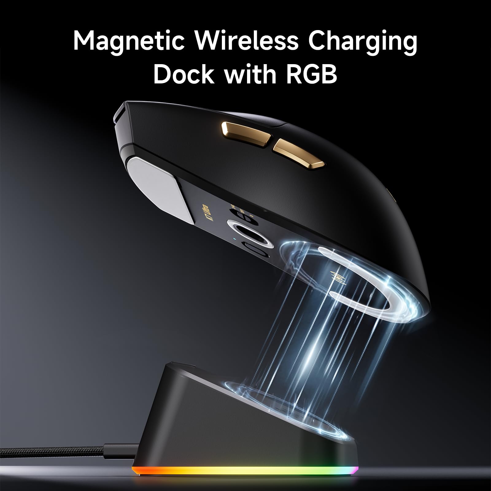 MCHOSE K7 Ultra Souris Gaming sans Fil, Station de Charge Magnétique RGB | 42 000 DPI, Capteur PAW3950, Dual 8K Polling, Légère 59 g, sans fil BT/2,4G/Filaire, Batterie 500 mAh, PC/Mac, Noir-Or
