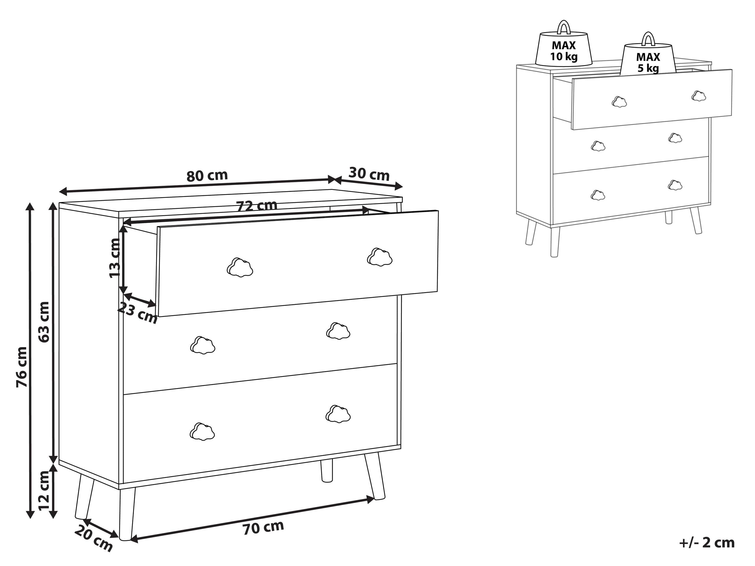 Beliani Commode à 3 Tiroirs Poignées Forme de Nuage Rangement Chambre d'enfant MDF Pieds en Bois de Pin Blanc Cloudy