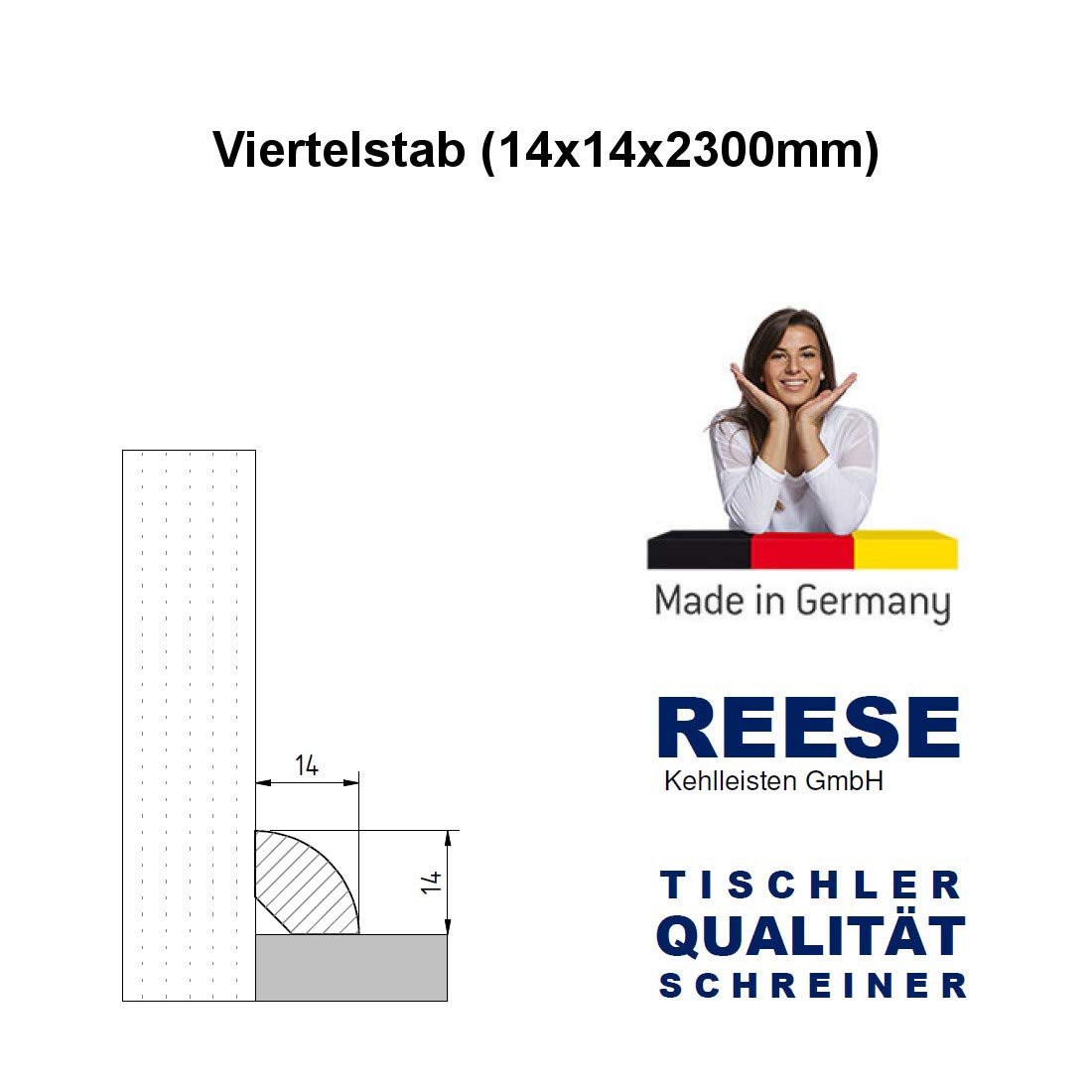 Viertelstab Abdeck- Abschluss- Sockelleiste Eiche ROH 14x14mm [SPARPAKET] (10 Stück (23lfm))