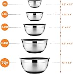 E-far 22-Piece Mixing Bowls with Black Lids & Accessories Set, Stainless Steel Nesting Bowls with Covers & Non-Slip Bottoms, Metal Bowls for Cooking/Baking/Serving/Storage - Size 7/3.5/2.5/1.5/1 QT