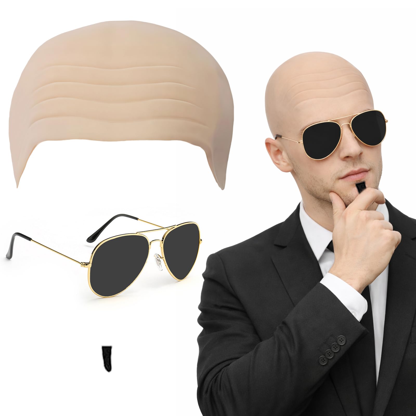 AWAVM Adults Mr Worldwide Accessory Set,Nude Bald Cap,Cosplay Set,Bald Scalp,Cool Sun Eyes,Small Piece Of Black Fake Beard,Men's Party Costume