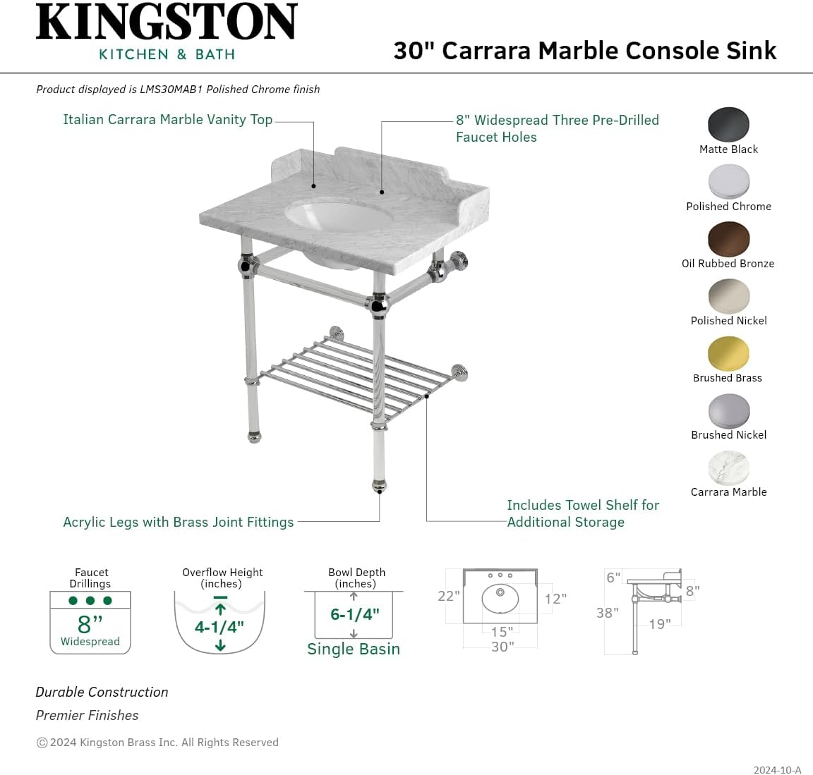 Kingston Brass LMS30MAB7 Pemberton 30" Console Sink with Acrylic Legs (8-Inch, 3 Hole), Marble White/Brushed Brass