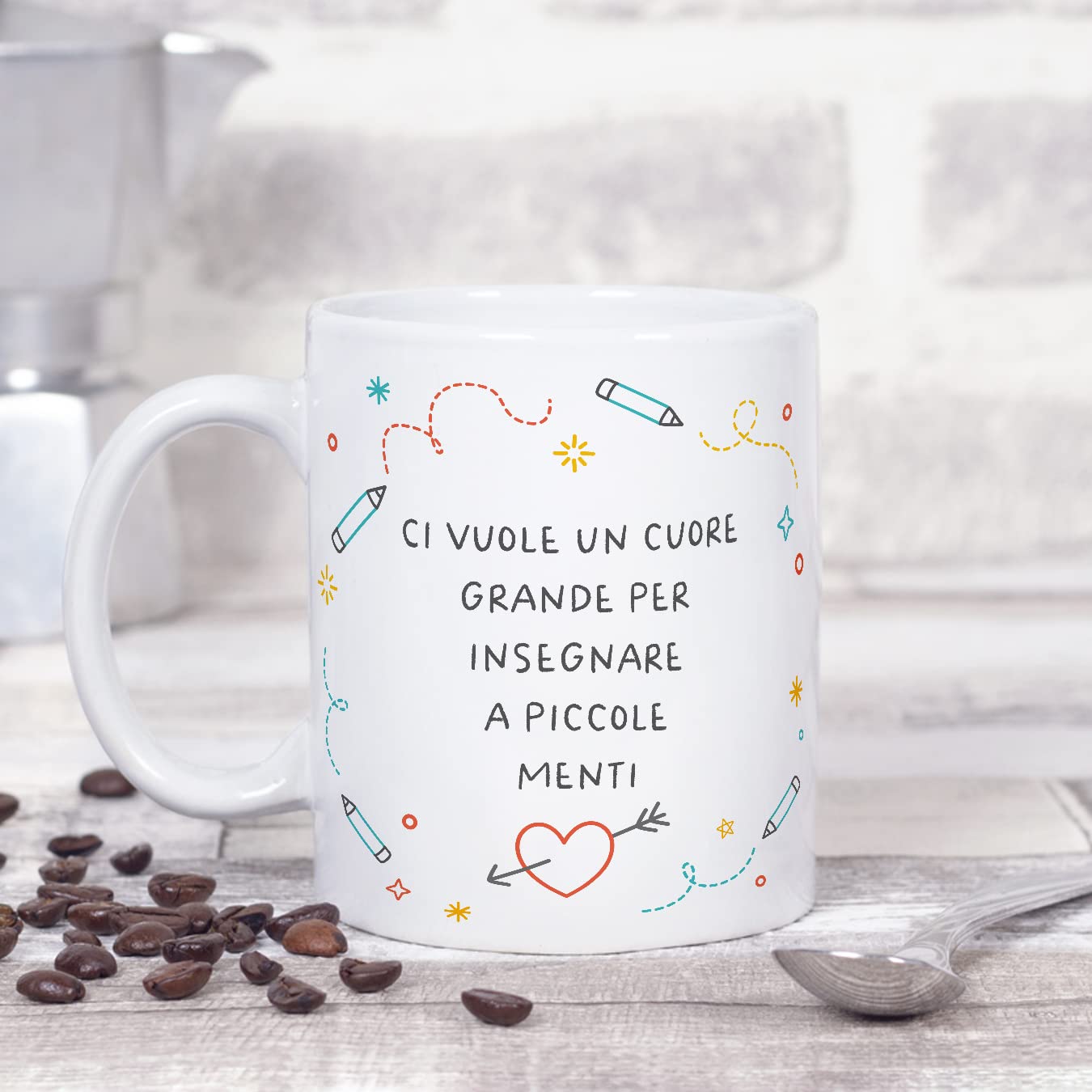 Mugffins Tazza in ceramica per INSEGNANTE - 11 oz / 350 ml - In italiano - Cuore grande piccole menti - Idea regalo per compleanno, anniversario, natale, laurea