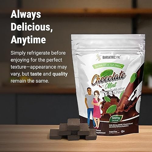 Miniatura 7 de BariatricPal Masticables suaves de citrato de calcio sin azúcar, 500 mg con vitamina D y probióticos, chocolate y menta, 90 unidades (suministro de