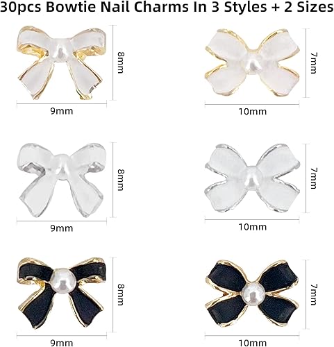Miniatura 6 de 30 dijes de uñas 3D, 30 piezas de gemas de perlas con nudo de lazo para decoración de uñas, decoración de uñas con adornos dorados y plateados,
