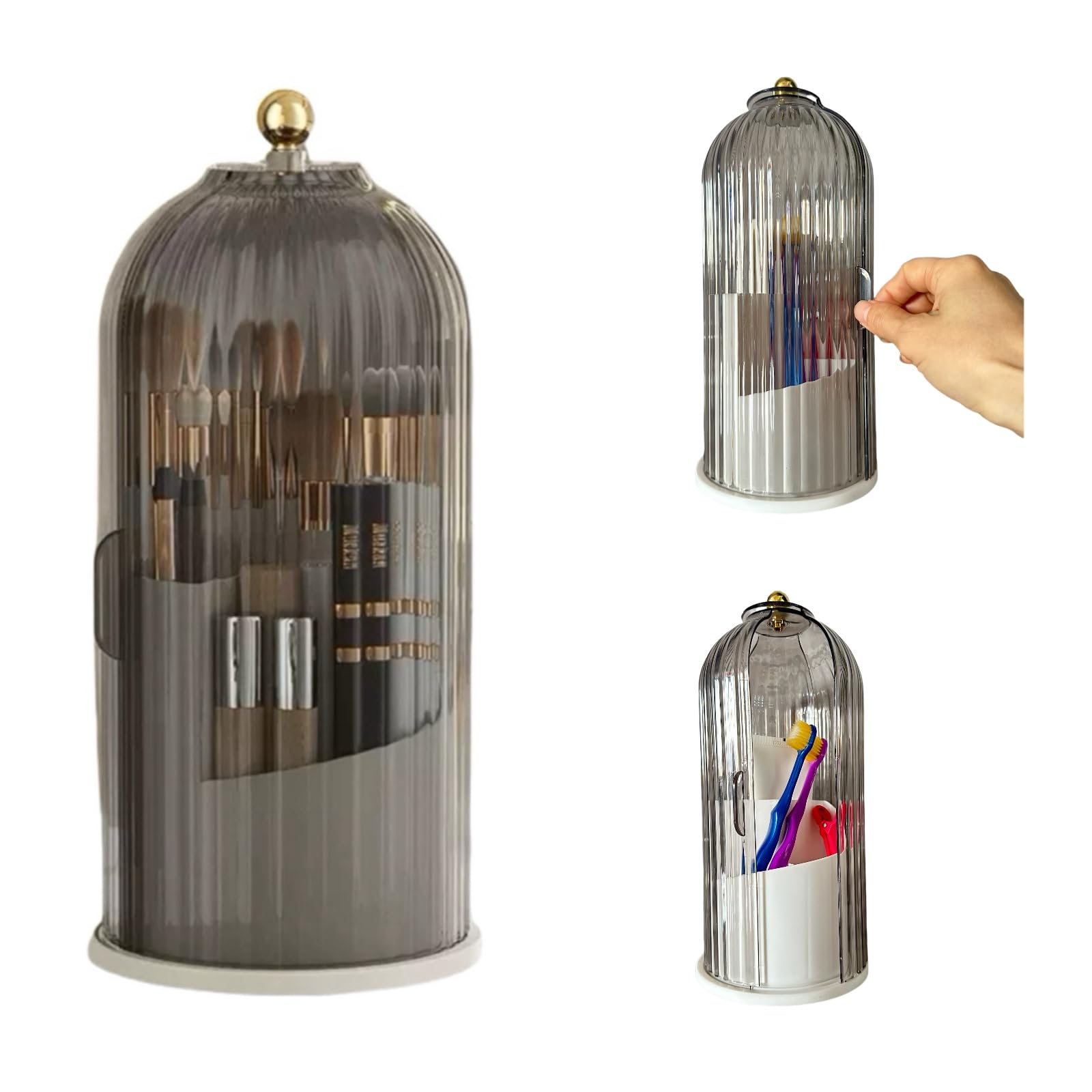 Covered Toothbrush Holder, 5*10.62 In, Waterproof and Dust-Free 360° Rotating Base, Easy to Use,Covered Toothbrush Holder also Applies to Makeup Brush Organizer, Office Supplies Finishing(Gray)