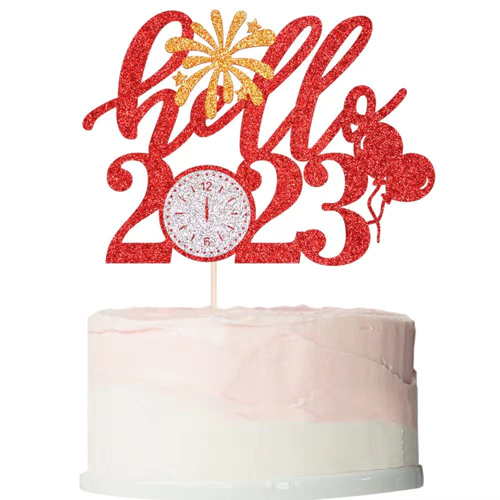 Bekaterea Hello 2023 cake topper ,New Year Cake Decorations,Best Dessert Decor Present for Holiday,Hello 2023,New Year's Eve party supplies 2023,Christmas themed party decorations