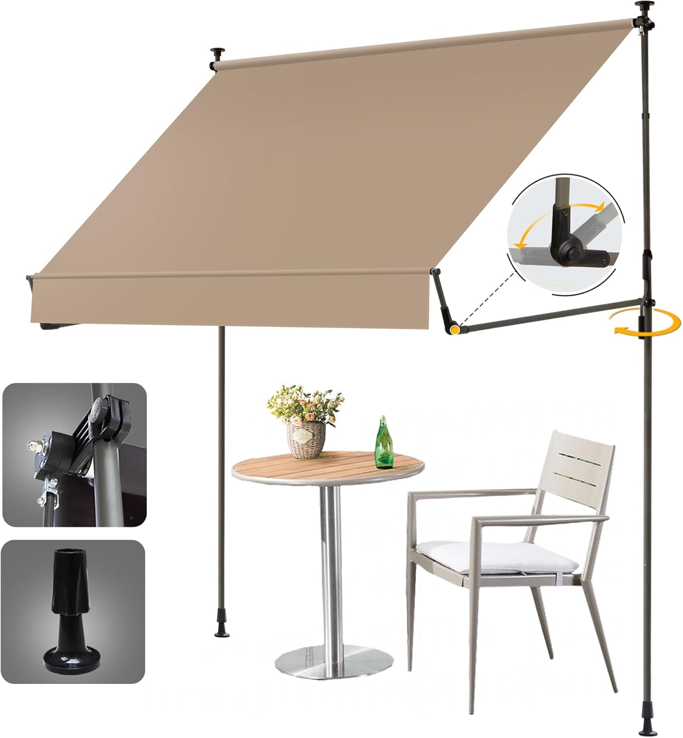 HOMEDEMO Manual Retractable Awning 98"x118" Foldable Side Bar 30°-180°,Outdoor Patio Awning Height Adjustable 82-118in Retractable Awning UV 50+ Protection,NO Drilling Awings for Backyard 98"W x 118"H Camel
