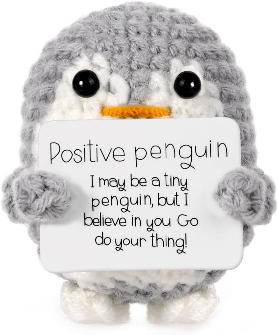 BOXOB Mini Funny Positive Penguin, 6.5 cm Cute Knitted Penguin Toy with Positive Card, Positive Penguin Crochet Doll, Cheerful Gift for Friends, Encouragement, Party Decoration (Grey)